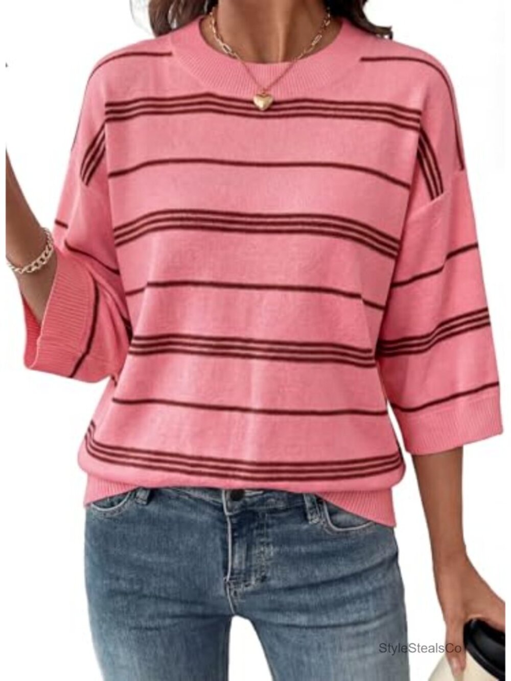 Womens Oversized Sweater 3/4 Sleeve Striped Lightweight Knit Pullover